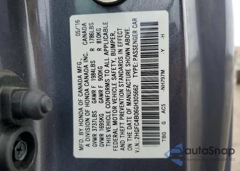 2016 Honda Civic Lx из США, поврежденный, VIN 2HGFC4B06GH305662